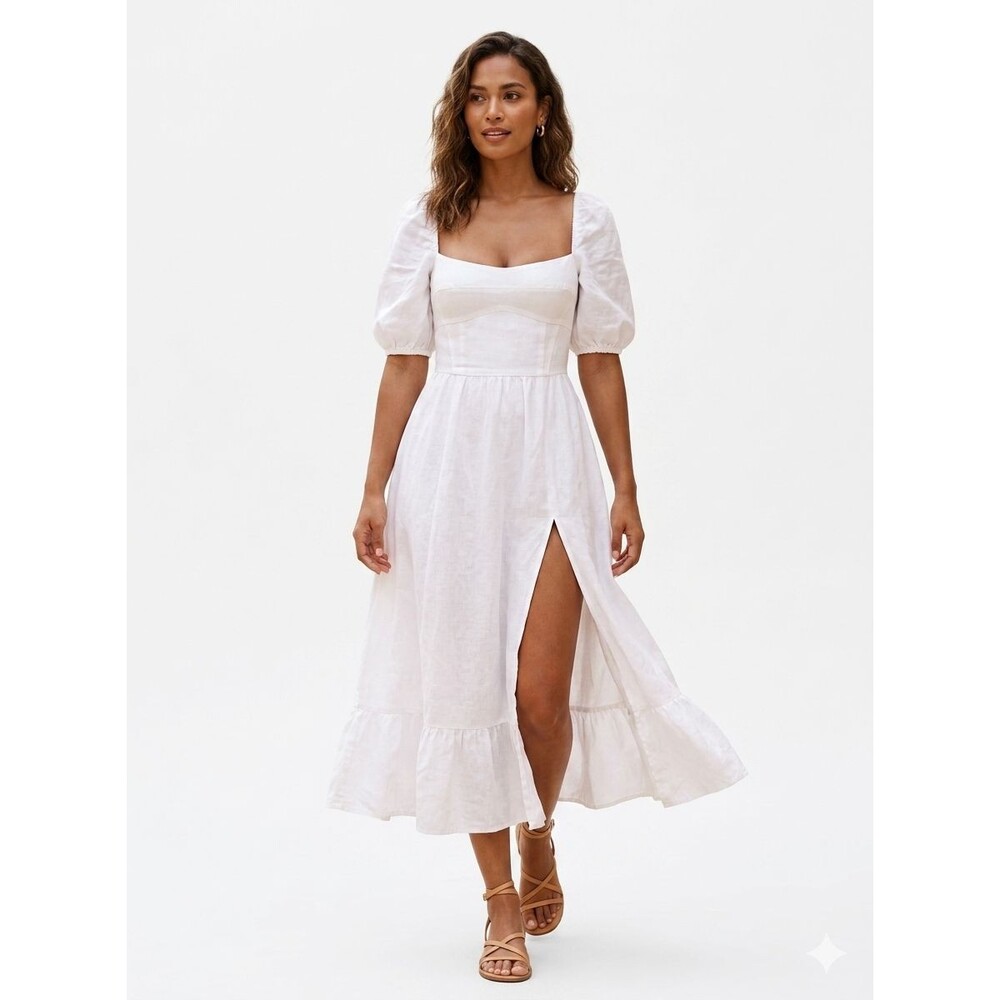 Reformation Belgium Linen Midi Dress Puff Sleeve Split Hem White Size 4